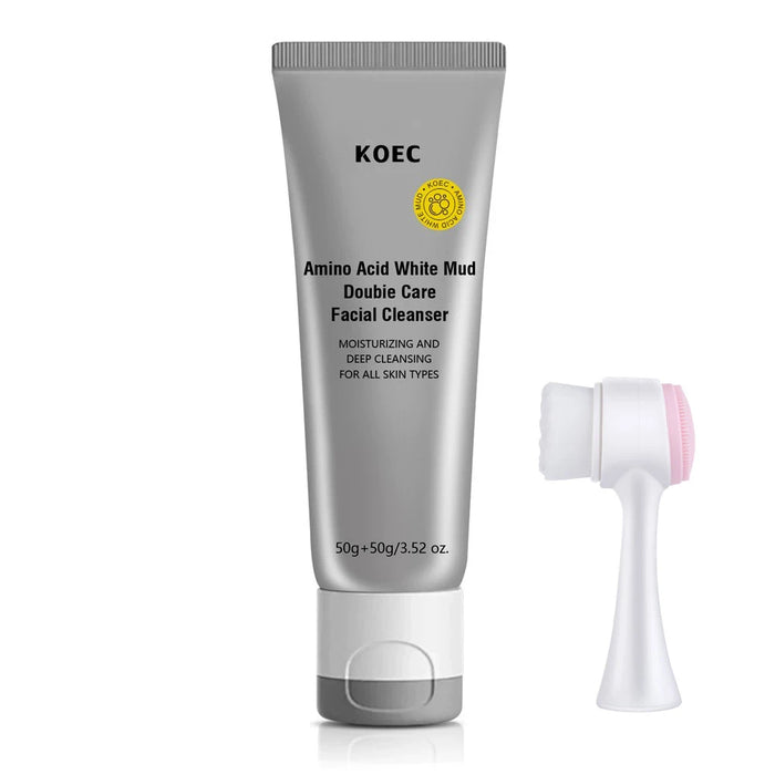 Amino Acid White Mud Cleanser + 1Pcs 3D Double-Sided Silicone Face Wash Brush